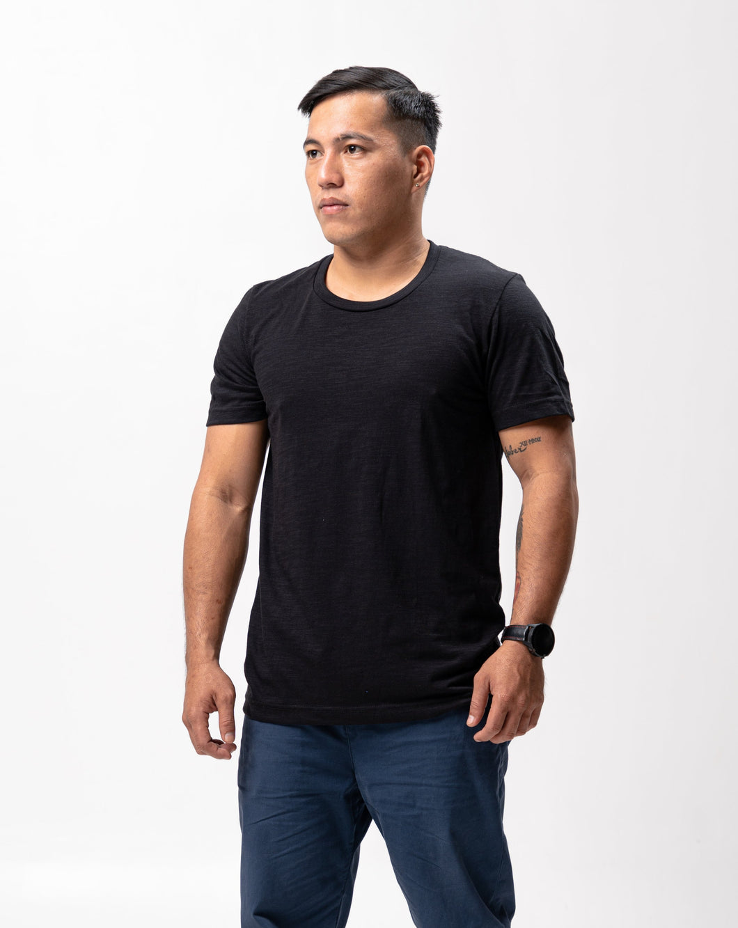 Black Slub Cotton Blue Plain Unisex T-Shirt